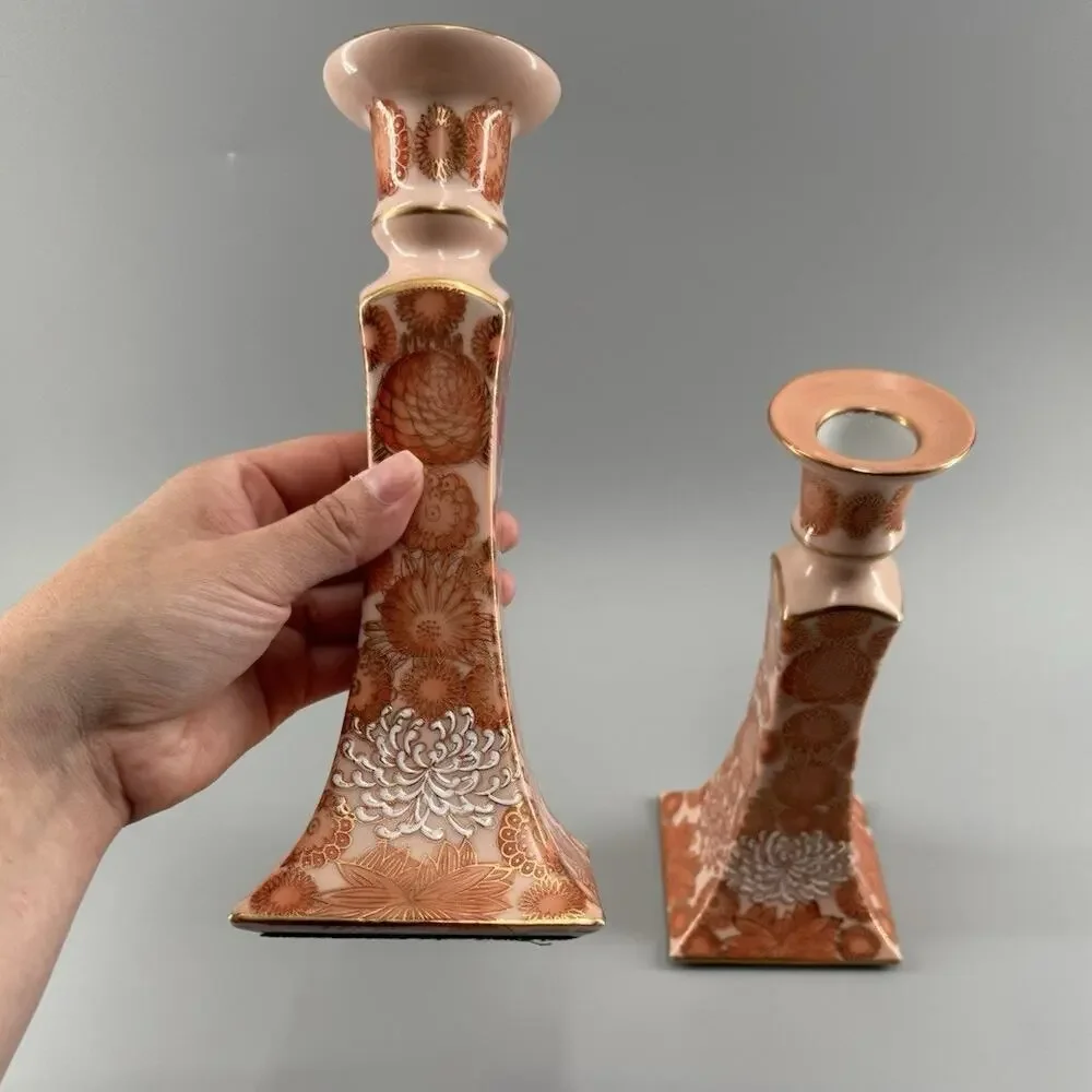 Vintage Andrea by Sadek 7763 Candlesticks Pair Orange Floral Gold Porcelain